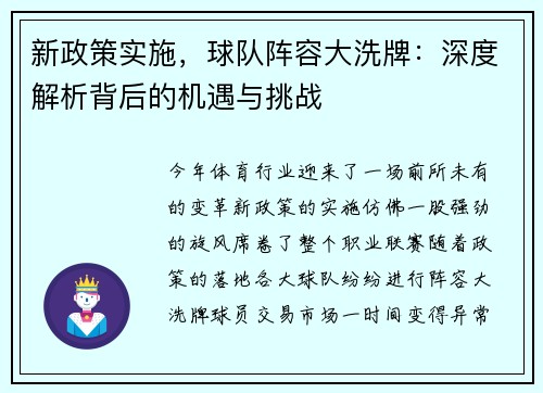 新政策实施，球队阵容大洗牌：深度解析背后的机遇与挑战